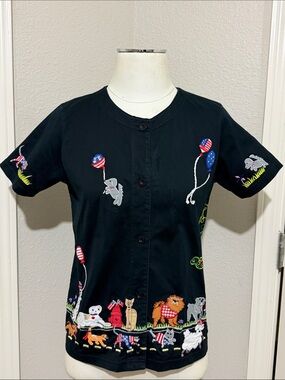Michael Simon Vintage Short Sleeve Patriotic/Americana Embroidered Dog Cats Top